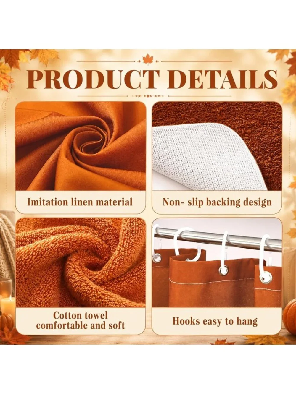 Autumn Bathroom Decor Set - 5 Pcs Fall Shower Curtain, Rugs, Towels & Hooks